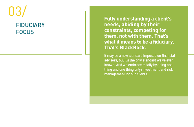 Fully understanding a clients needs, abiding by their constraints, competing for them, not with them. Thats what it means to be a fiduciary. Thats BlackRock.